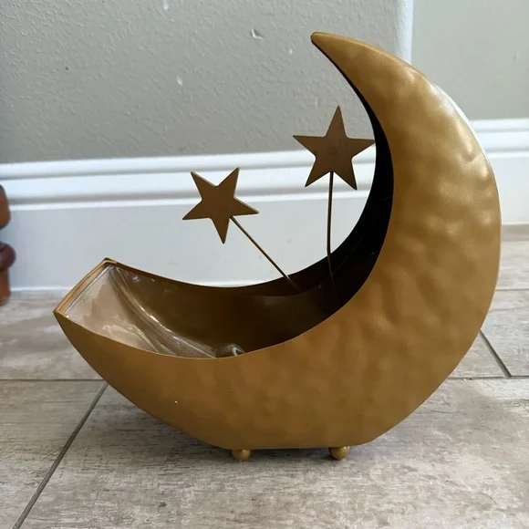 Gold Tone Crescent Moon Decor with Stars planter - Picture 2 of 7